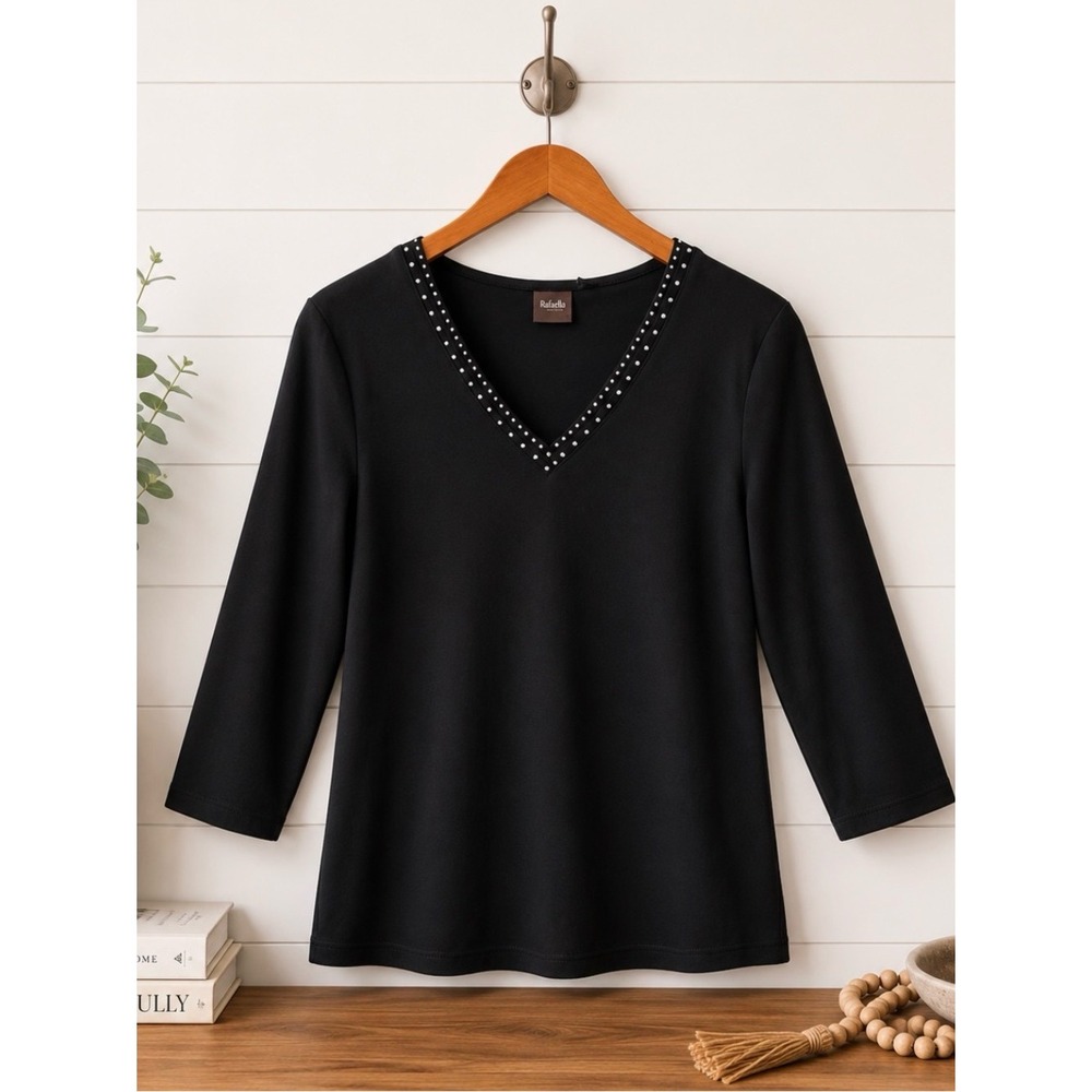 Rafaella Black Embellished V-Neck 3/4 Sleeve Top‎ Medium NWT Cotton MSRP $43